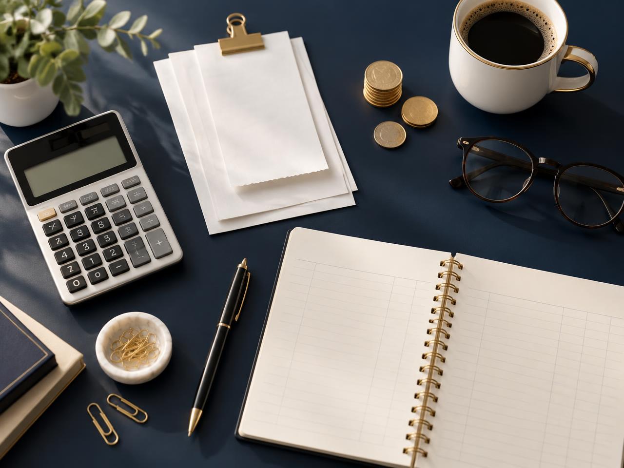 Accounting desk with a calculator, invoices, a ledger, and a cup of coffee