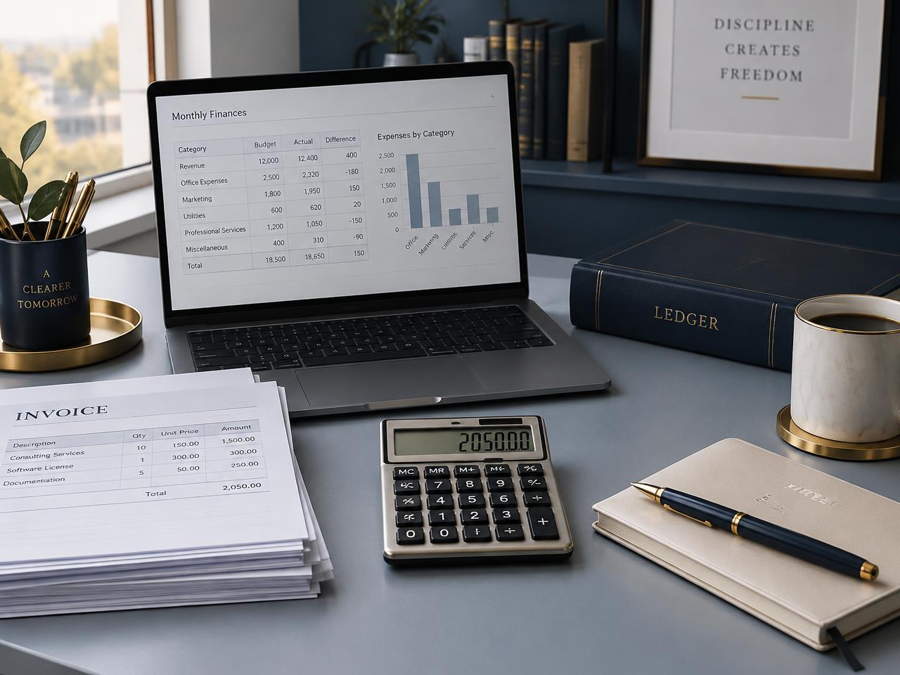 Desk with a laptop showing a monthly finances report, a calculator, an invoice, a ledger, and a cup of coffee